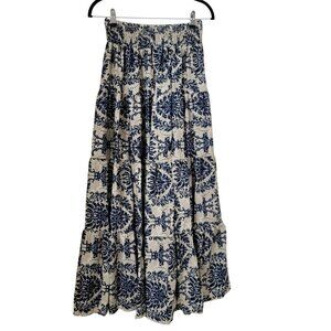 Cream & Blue Bohemian Patterned Tiered Midi to Maxi Skirt, Gently Used Condition